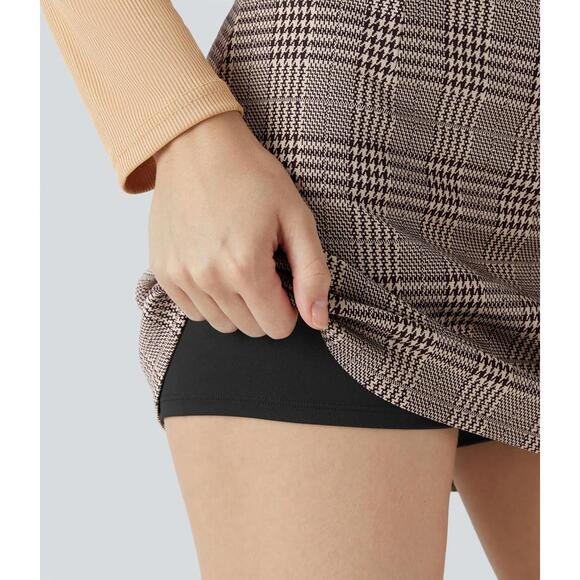 NWT Halara High Waisted 2-in-1 Houndstooth Plaid Mini Work Skirt Brown Plaid L - Picture 2 of 11